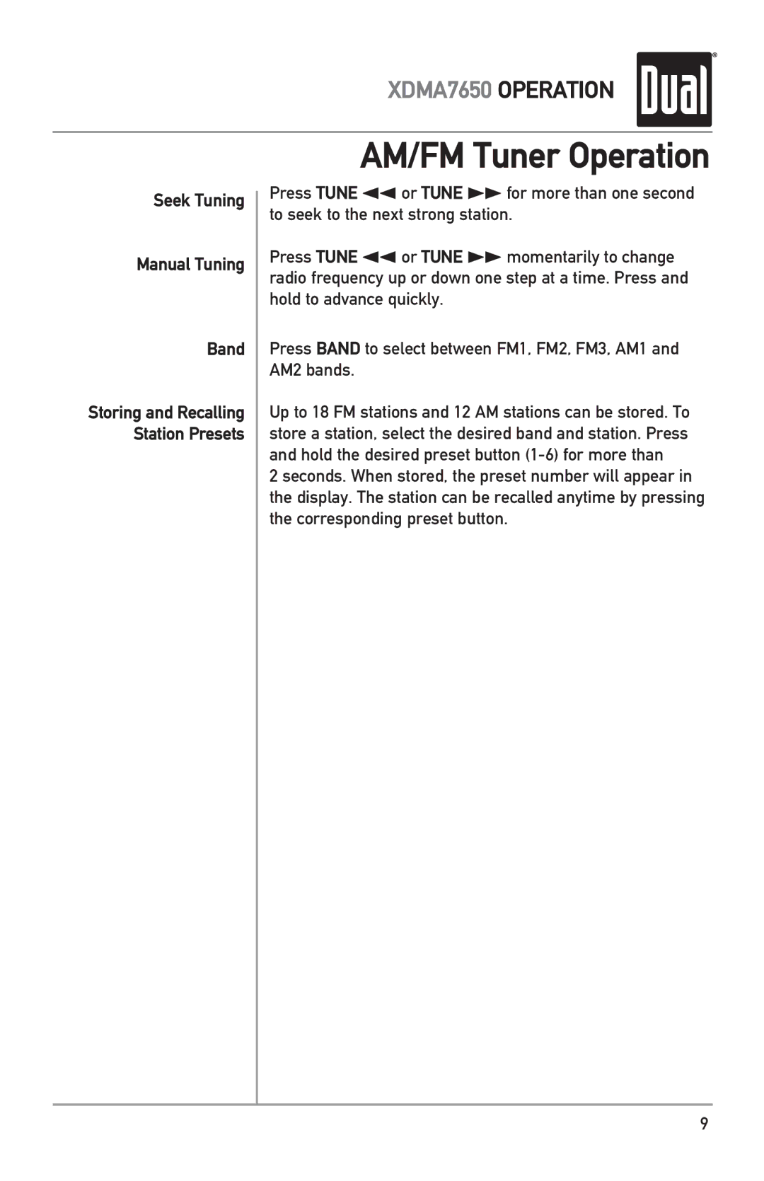 Dual XDMA7650 owner manual AM/FM Tuner Operation, Seek Tuning Manual Tuning Band 