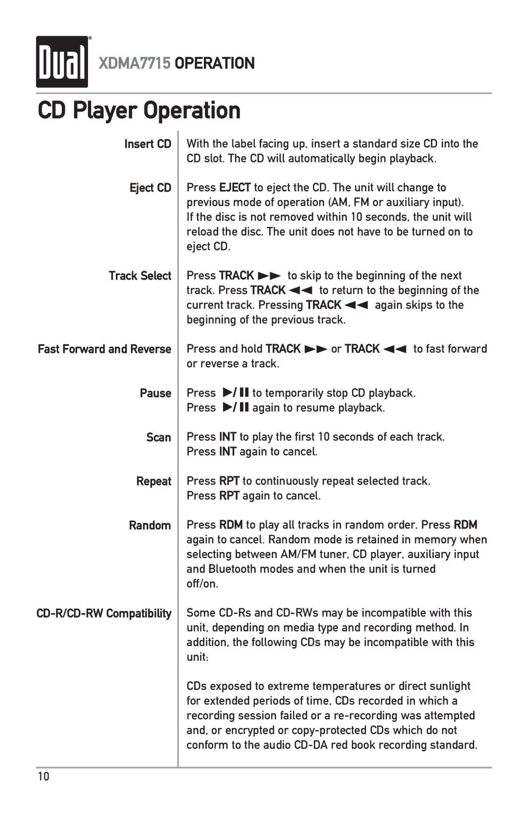 Dual XDMA7715 owner manual CD Player Operation 