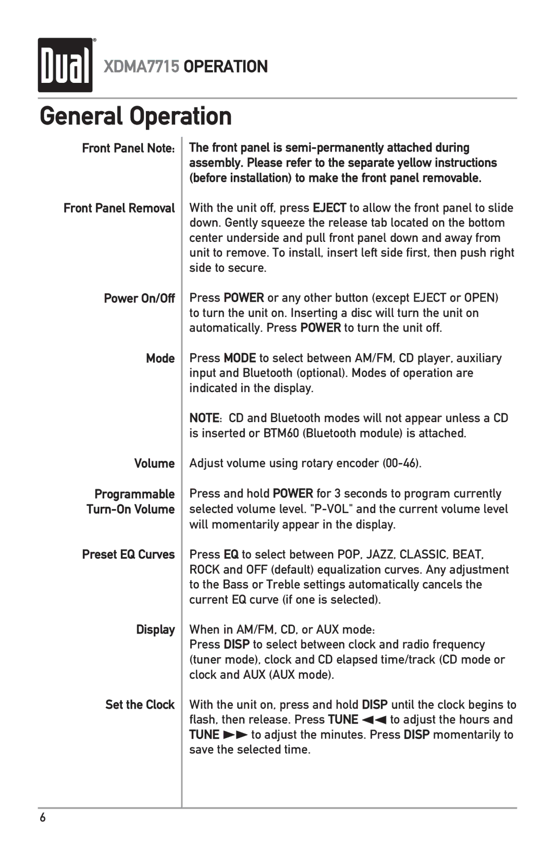 Dual XDMA7715 owner manual General Operation, Preset EQ Curves Display Set the Clock 