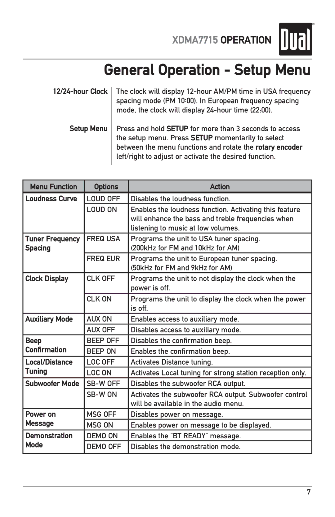 Dual XDMA7715 12/24-hour Clock Setup Menu, Menu Function Options Action, Spacing, Clock Display, Auxiliary Mode, Beep 