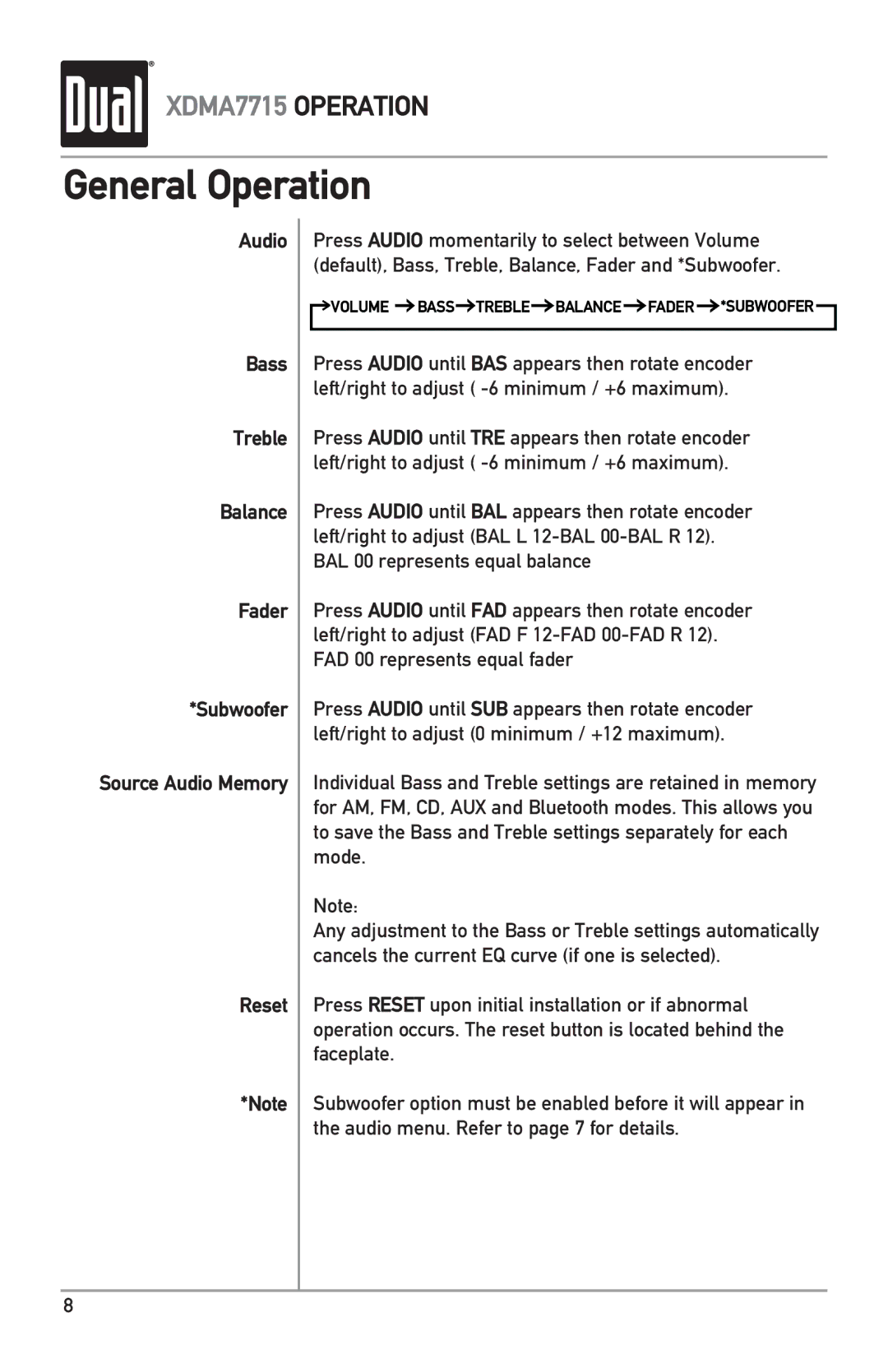 Dual XDMA7715 owner manual Volume Bass Treble Balance Fader *SUBWOOFER 