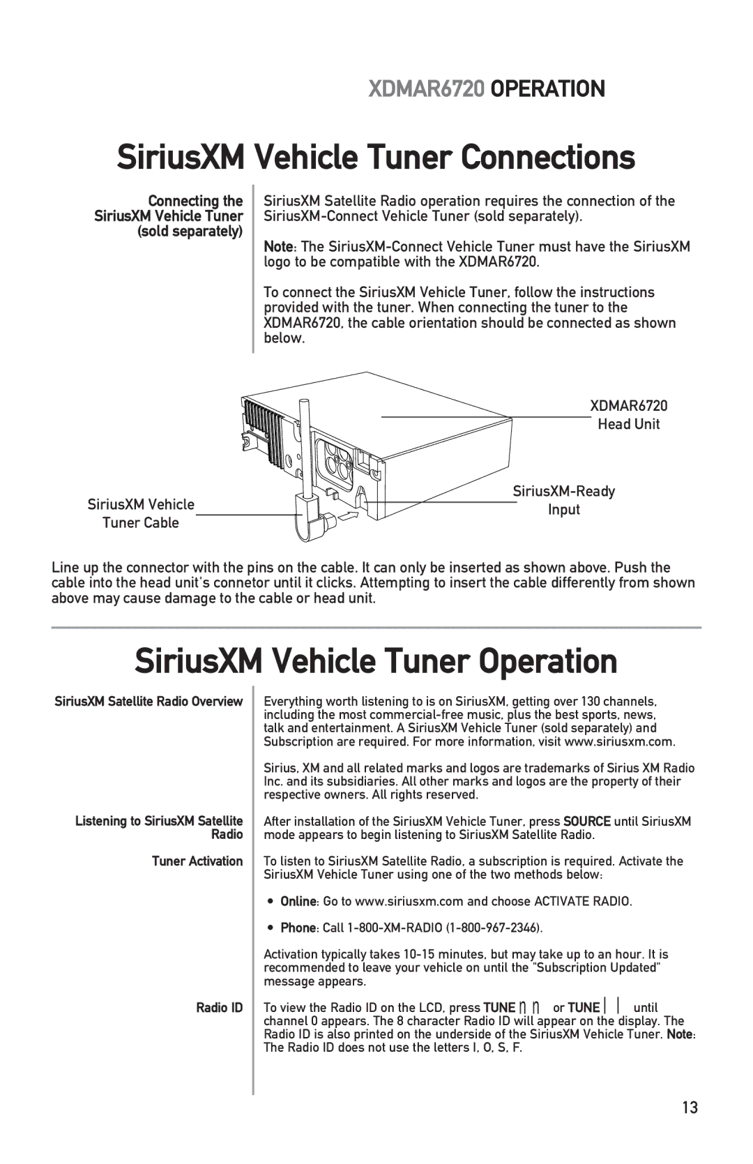 Dual XDMAR6720 SiriusXM Vehicle Tuner Connections, SiriusXM Vehicle Tuner Operation, Connecting, Sold separately 