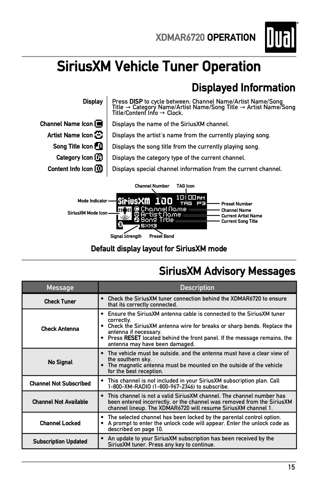 Dual XDMAR6720 owner manual Displayed Information, Artist Name Icon Song Title Icon 