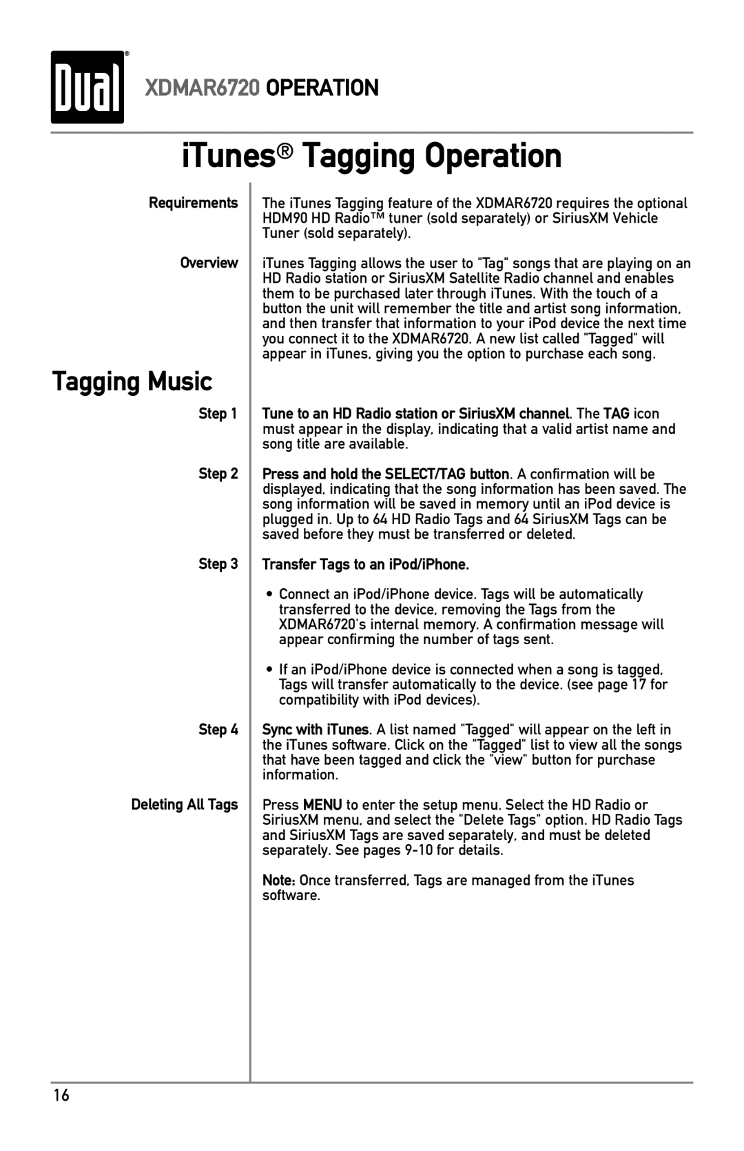 Dual XDMAR6720 owner manual ITunes Tagging Operation, Tagging Music, Requirements Overview, Step Deleting All Tags 