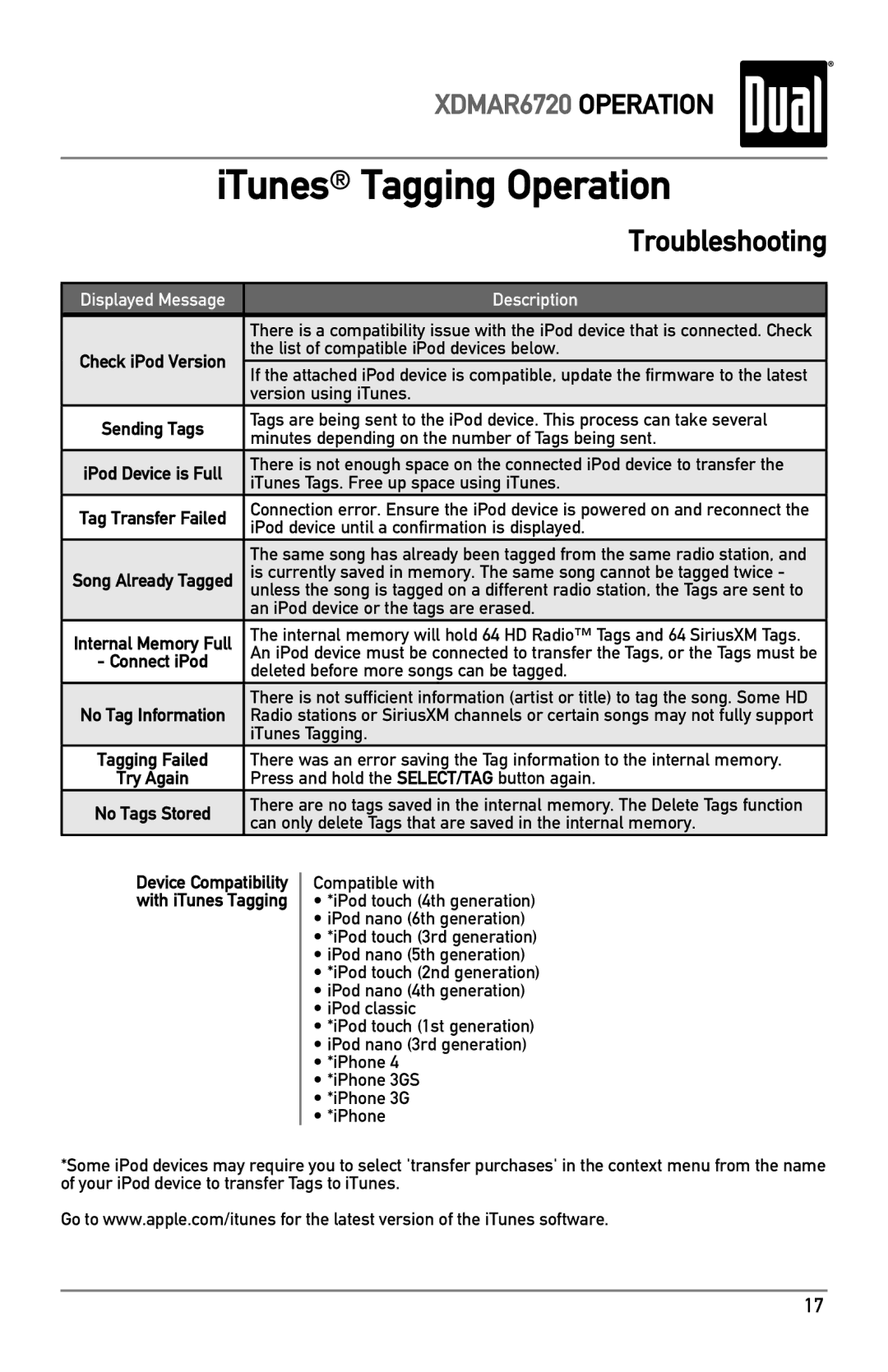 Dual XDMAR6720 owner manual Tag Transfer Failed, Internal Memory Full, Try Again 