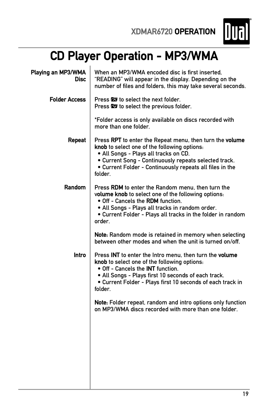 Dual XDMAR6720 owner manual CD Player Operation MP3/WMA, Folder Access Repeat Random Intro 