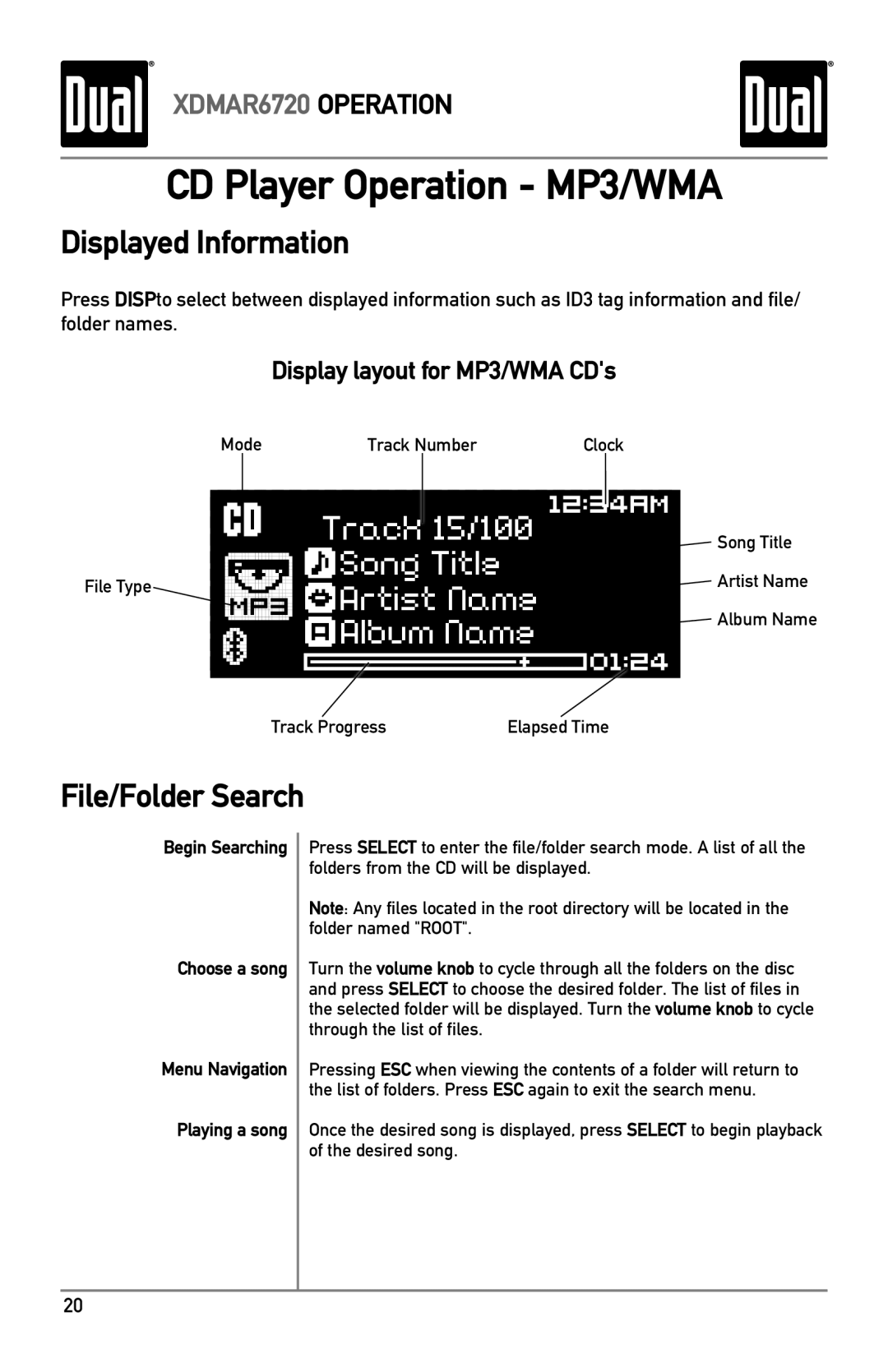 Dual XDMAR6720 owner manual File/Folder Search, Choose a song, Playing a song 