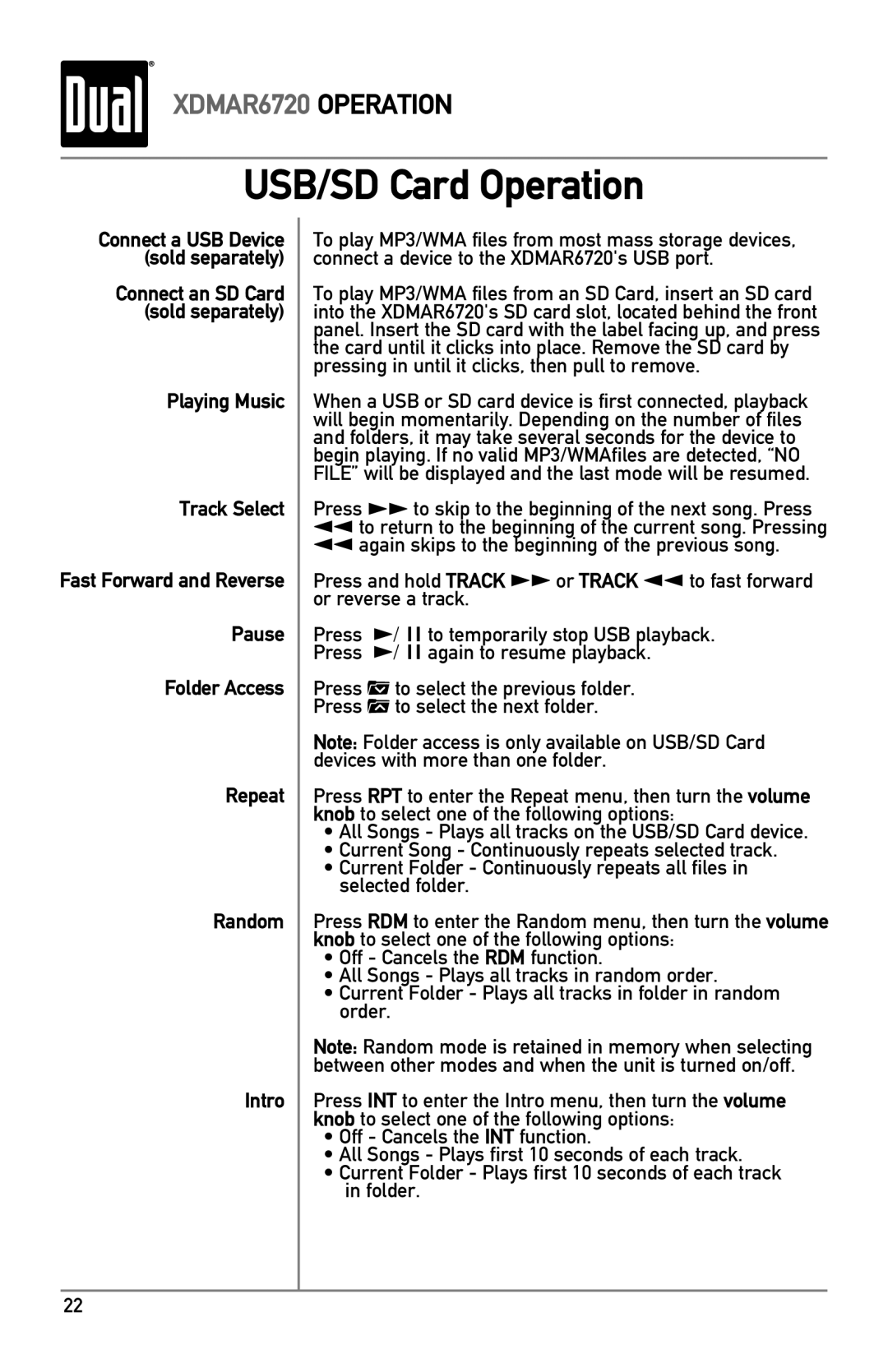 Dual XDMAR6720 owner manual USB/SD Card Operation 