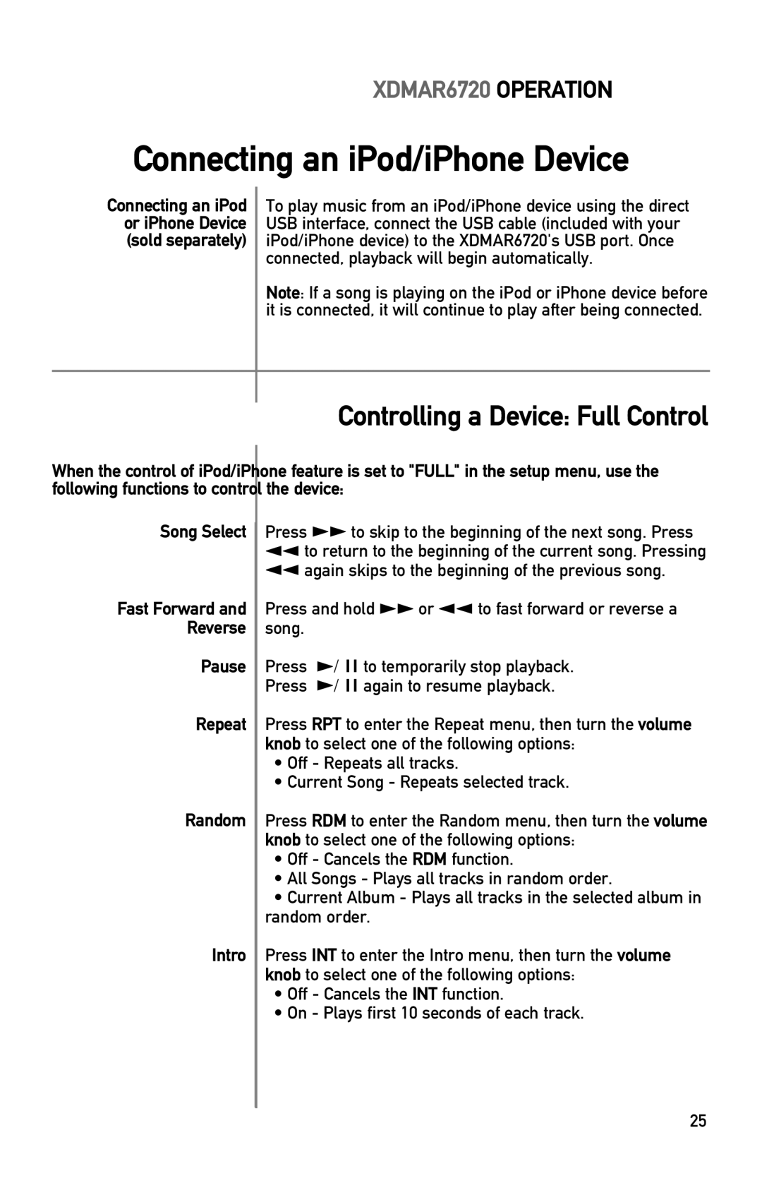 Dual XDMAR6720 owner manual Connecting an iPod/iPhone Device, Controlling a Device Full Control 