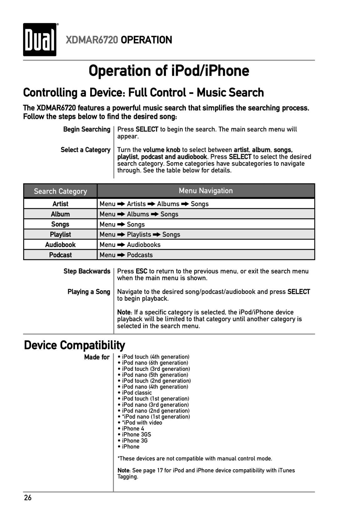 Dual XDMAR6720 Operation of iPod/iPhone, Controlling a Device Full Control Music Search, Device Compatibility, Made for 