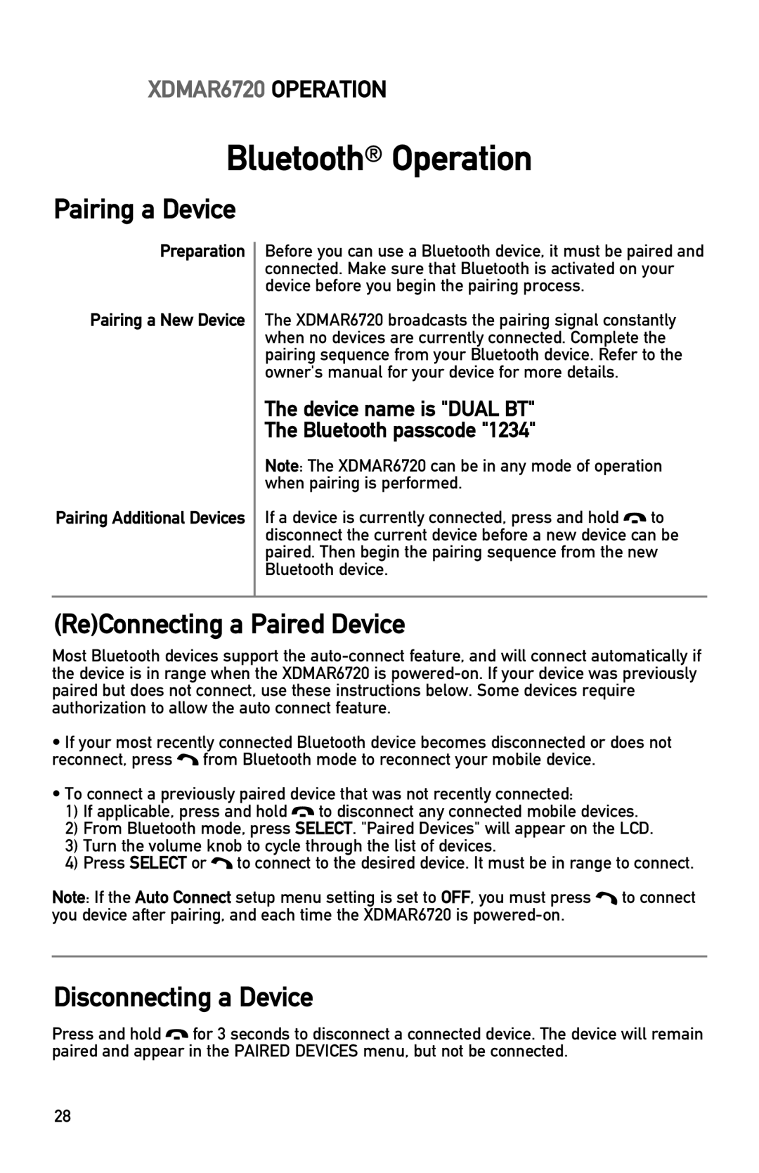 Dual XDMAR6720 Bluetooth Operation, ReConnecting a Paired Device, Disconnecting a Device, Pairing Additional Devices 