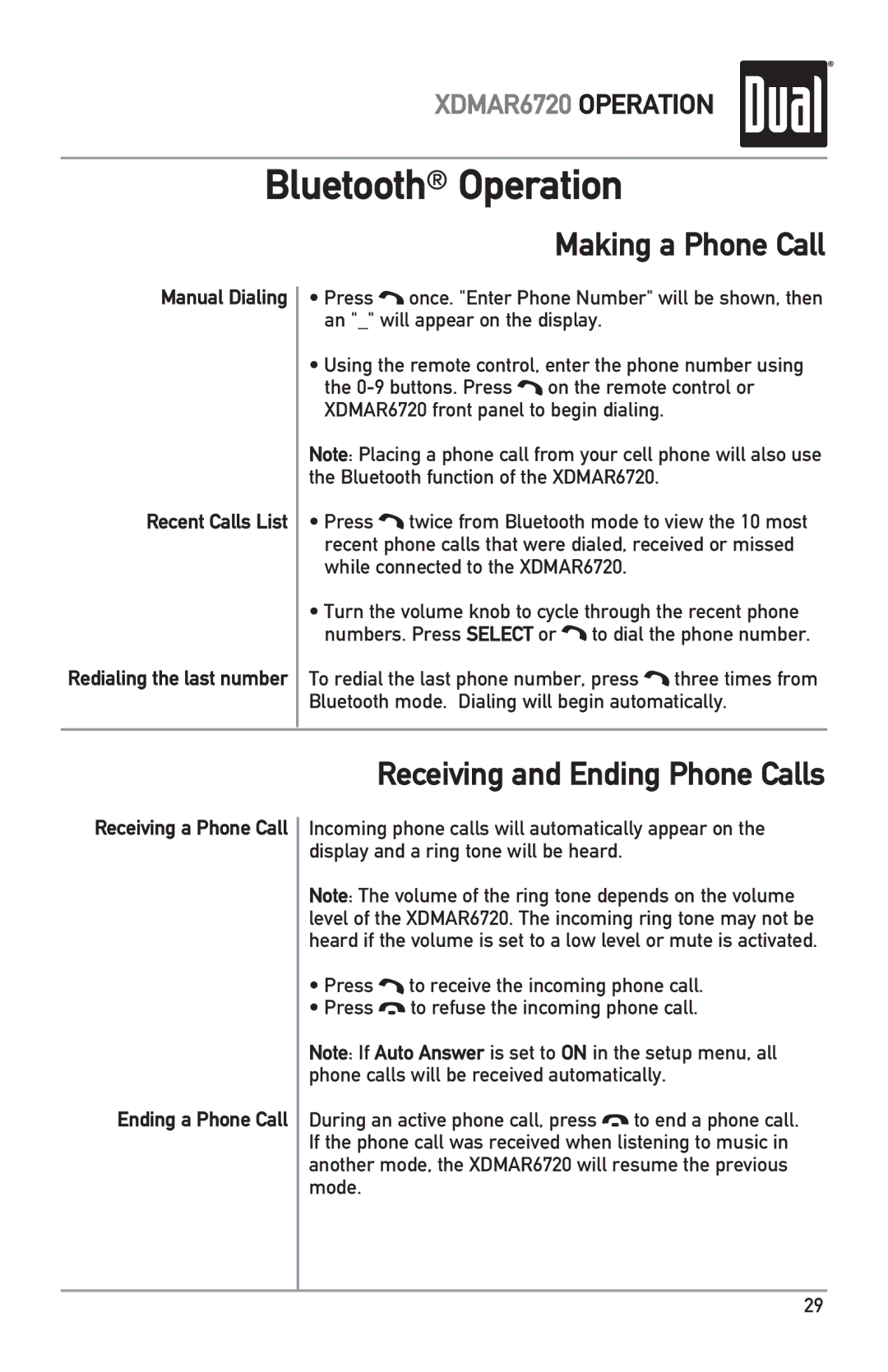 Dual XDMAR6720 owner manual Making a Phone Call, Receiving and Ending Phone Calls 