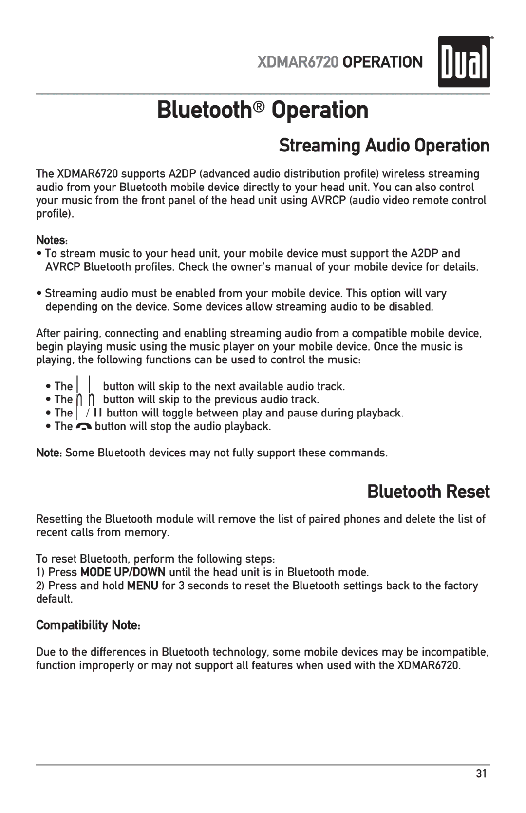 Dual XDMAR6720 owner manual Streaming Audio Operation, Bluetooth Reset 