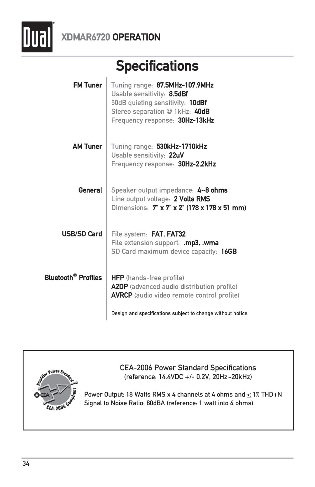 Dual XDMAR6720 owner manual Specifications, Design and specifications subject to change without notice 