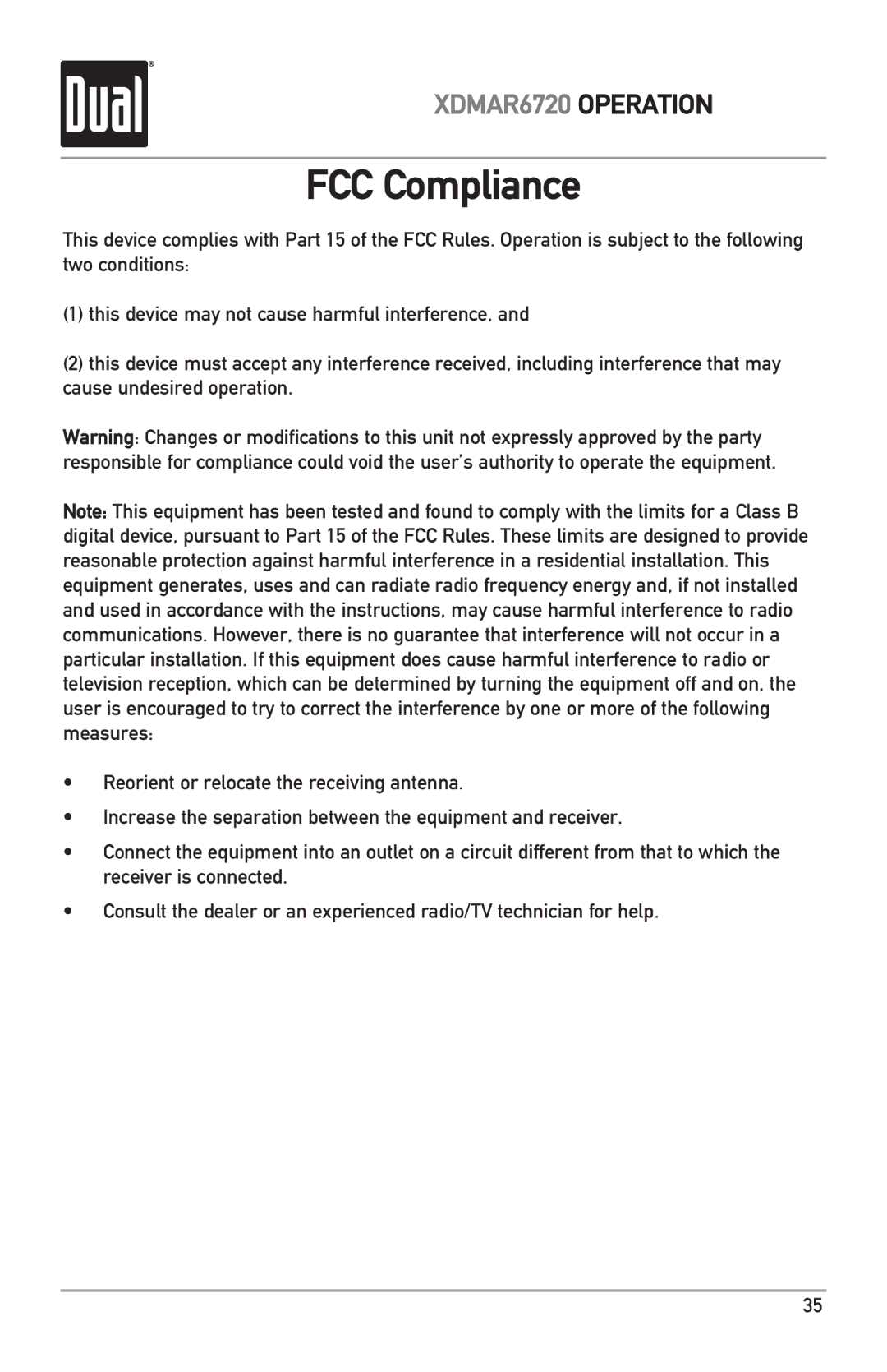 Dual XDMAR6720 owner manual FCC Compliance 