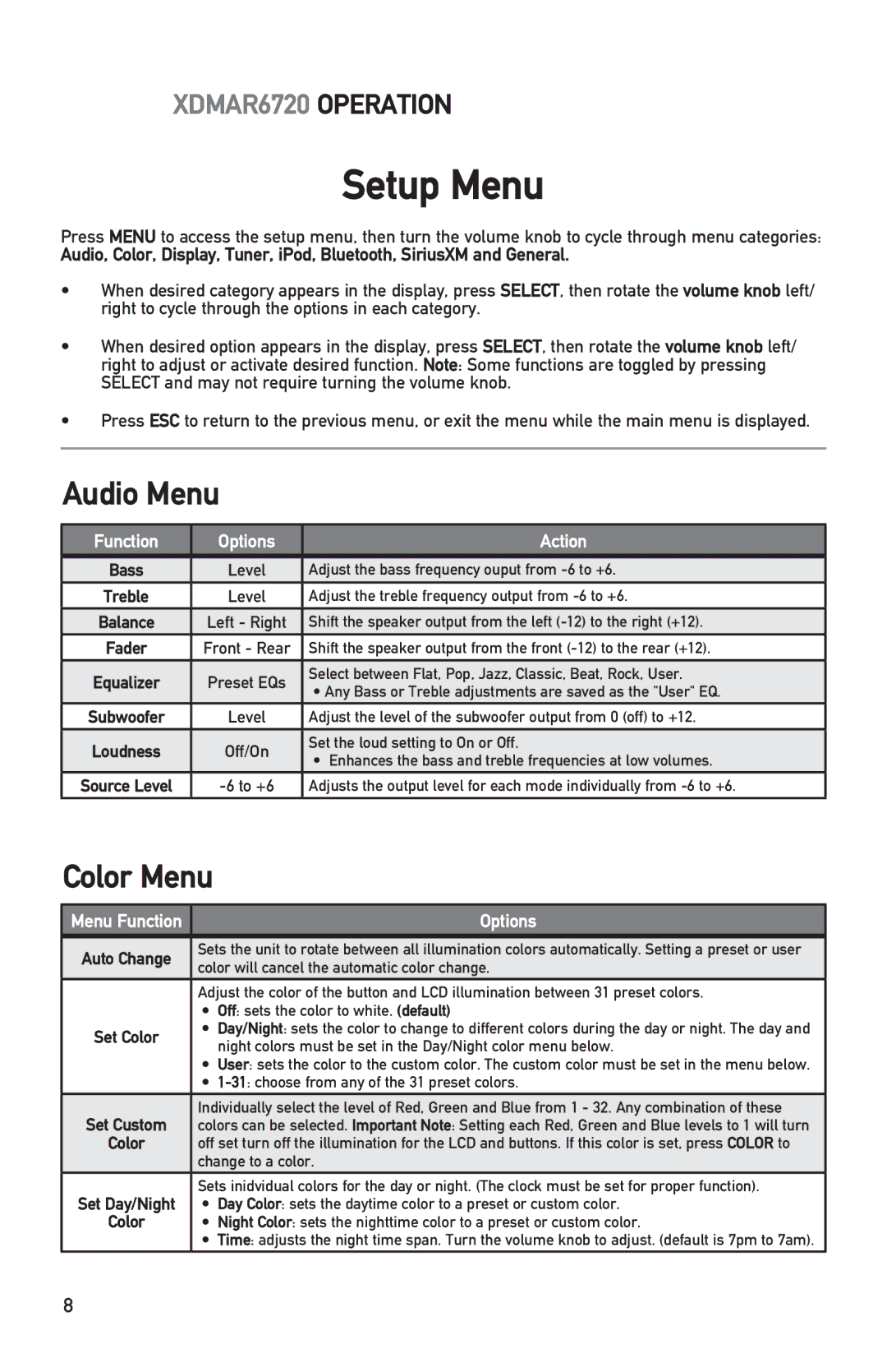 Dual XDMAR6720 owner manual Setup Menu, Audio Menu, Color Menu 