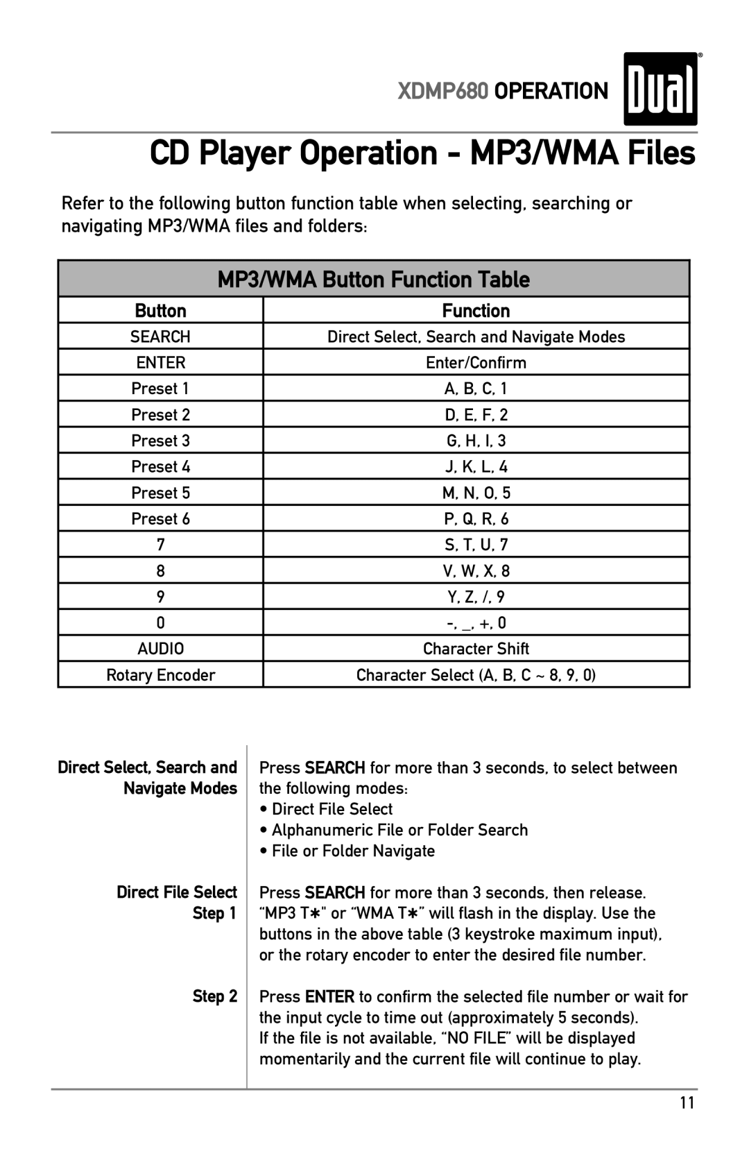 Dual XDMP680 owner manual Button Function, Direct File Select Step 