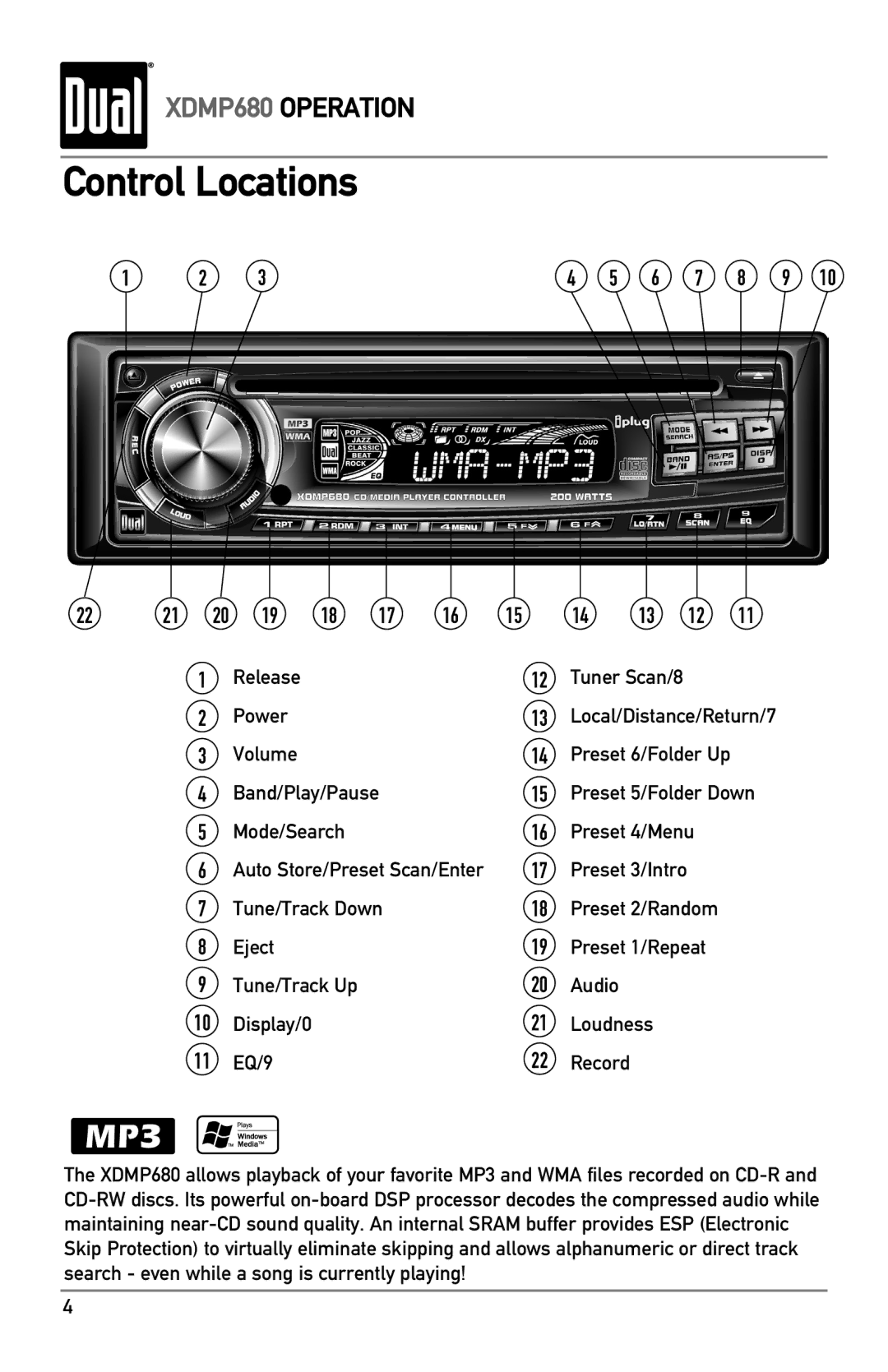 Dual XDMP680 owner manual Control Locations, Release, Power, Volume, Loudness EQ/9 