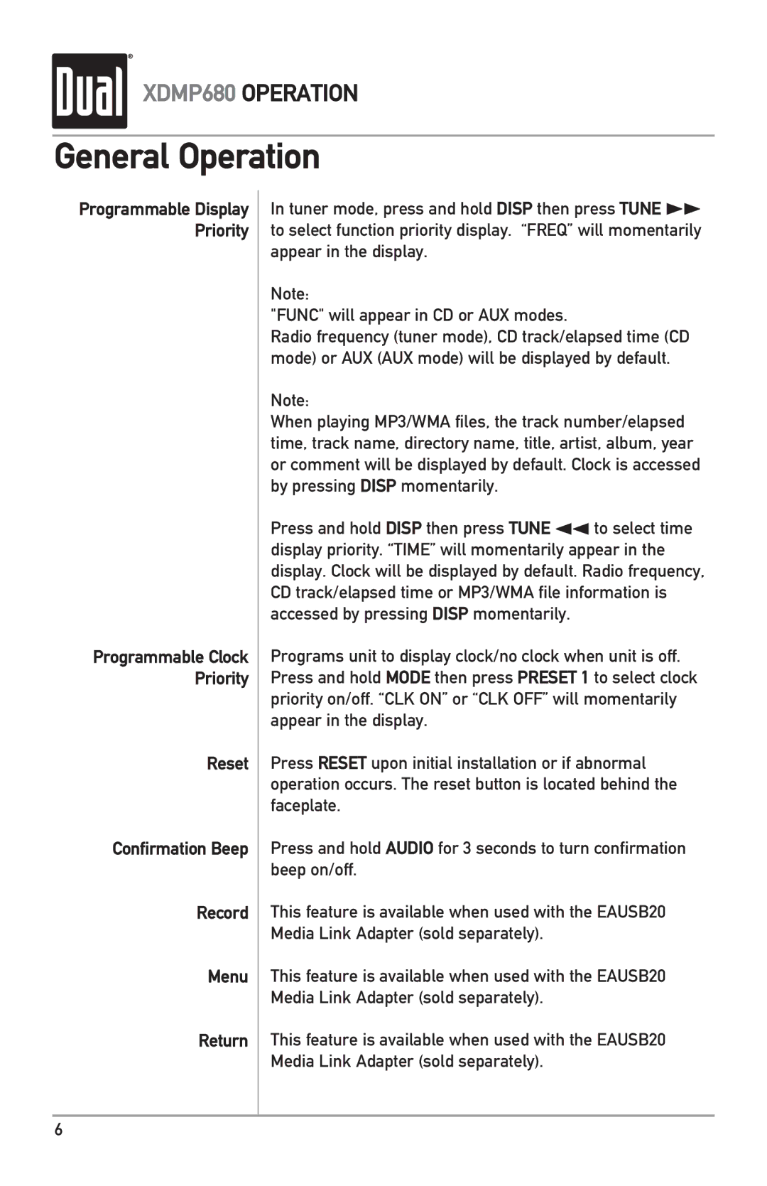 Dual XDMP680 owner manual Reset Confirmation Beep Record Menu Return 