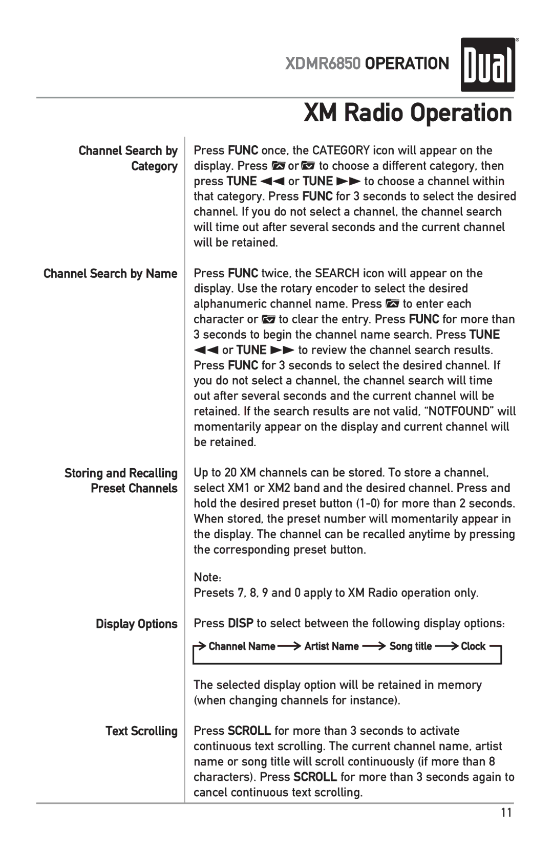 Dual XDMR6850 owner manual Category, Storing and Recalling, Preset Channels, Display Options, Text Scrolling 