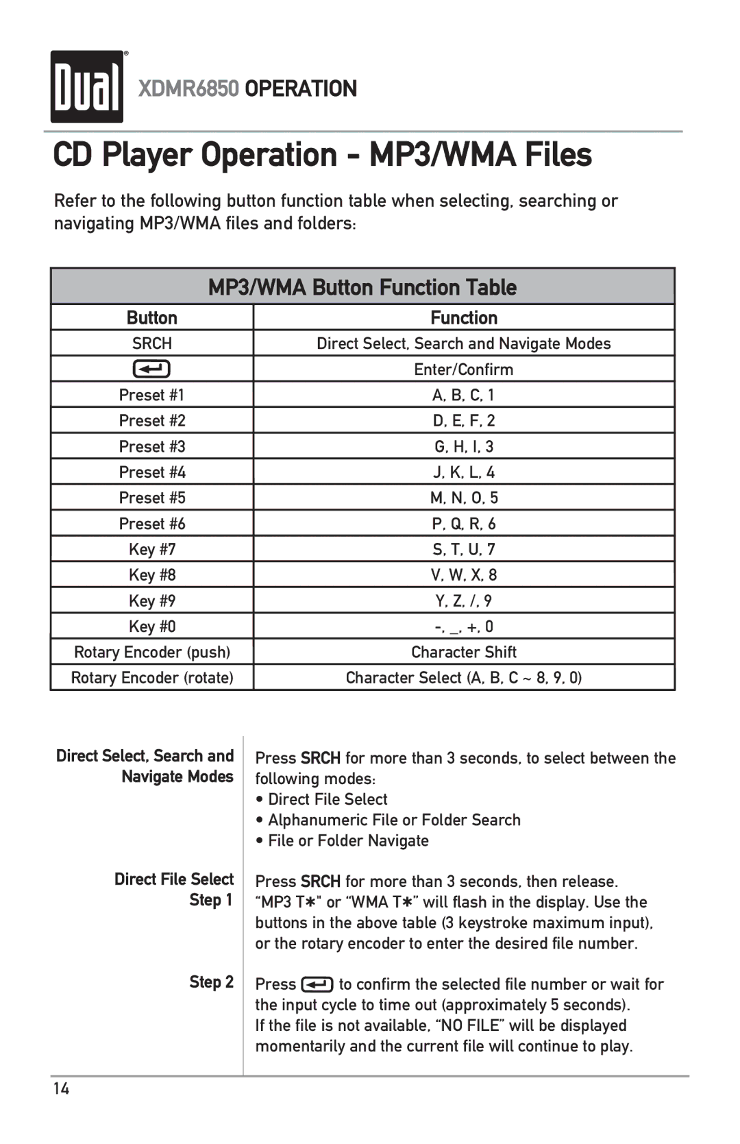 Dual XDMR6850 owner manual CD Player Operation MP3/WMA Files, Button Function, Direct File Select Step 
