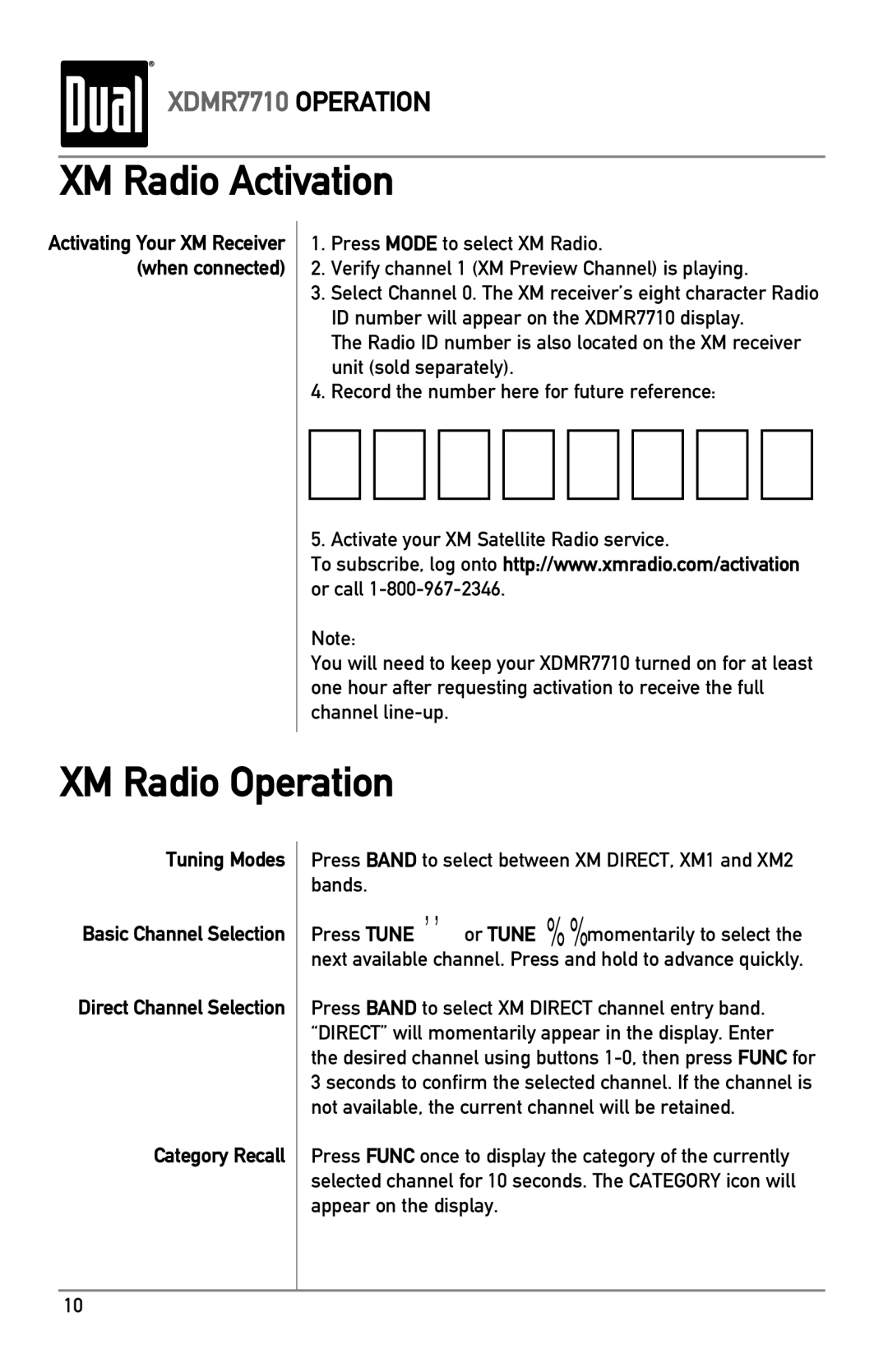 Dual XDMR7710 owner manual XM Radio Activation, XM Radio Operation, Tuning Modes, Direct Channel Selection Category Recall 