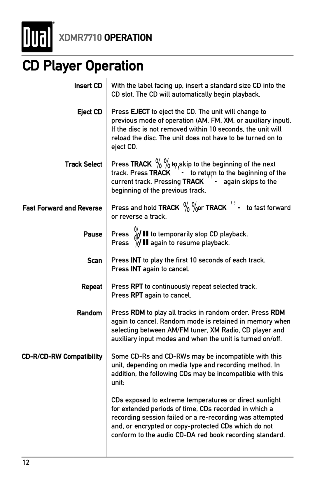 Dual XDMR7710 owner manual CD Player Operation 