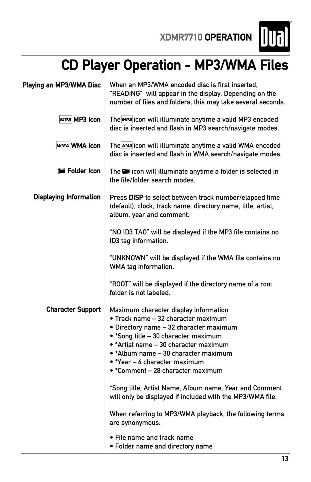 Dual XDMR7710 owner manual MP3 Icon, WMA Icon, Folder Icon, Displaying Information, Character Support 