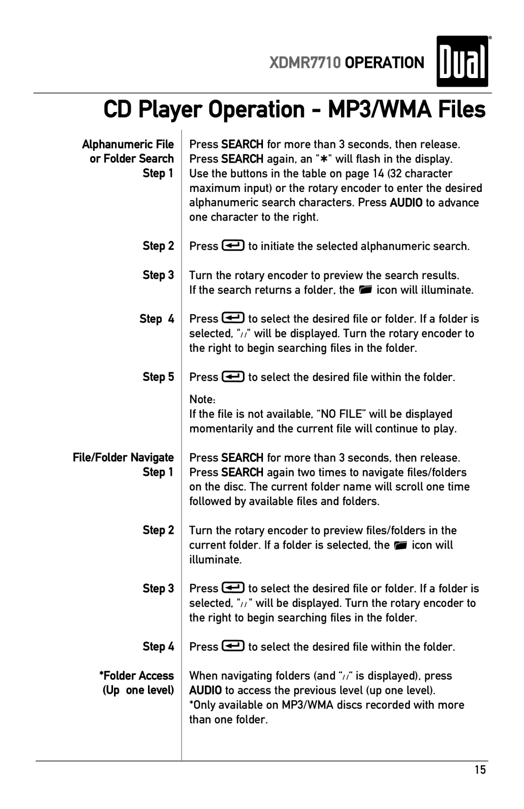 Dual XDMR7710 owner manual Alphanumeric File Or Folder Search Step, Press to select the desired file within the folder 