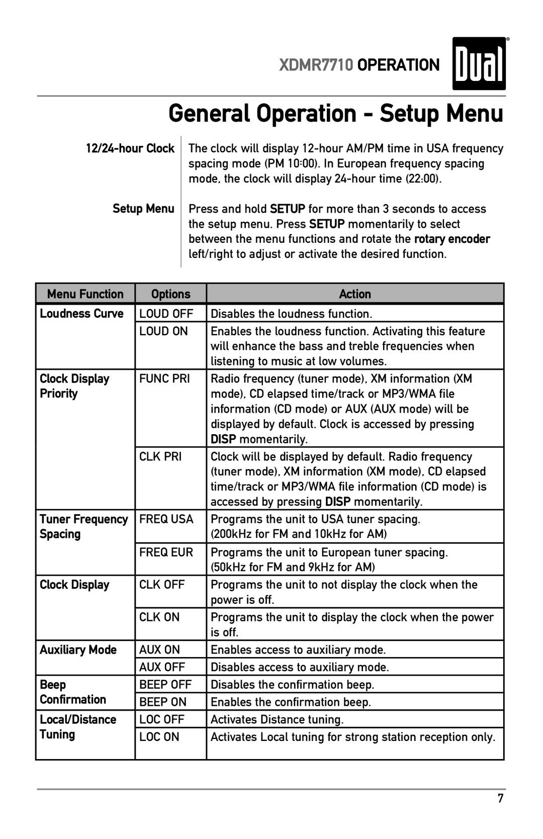 Dual XDMR7710 12/24-hour Clock Setup Menu, Menu Function Options Action, Clock Display, Priority, Spacing, Auxiliary Mode 