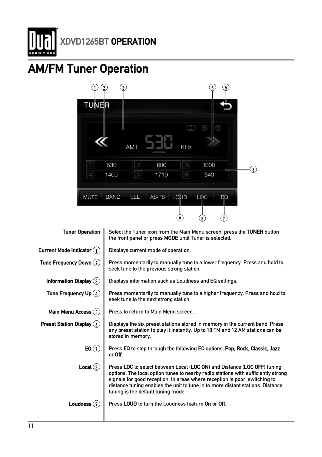 Dual xdvd1265bt owner manual AM/FM Tuner Operation, Local Loudness 