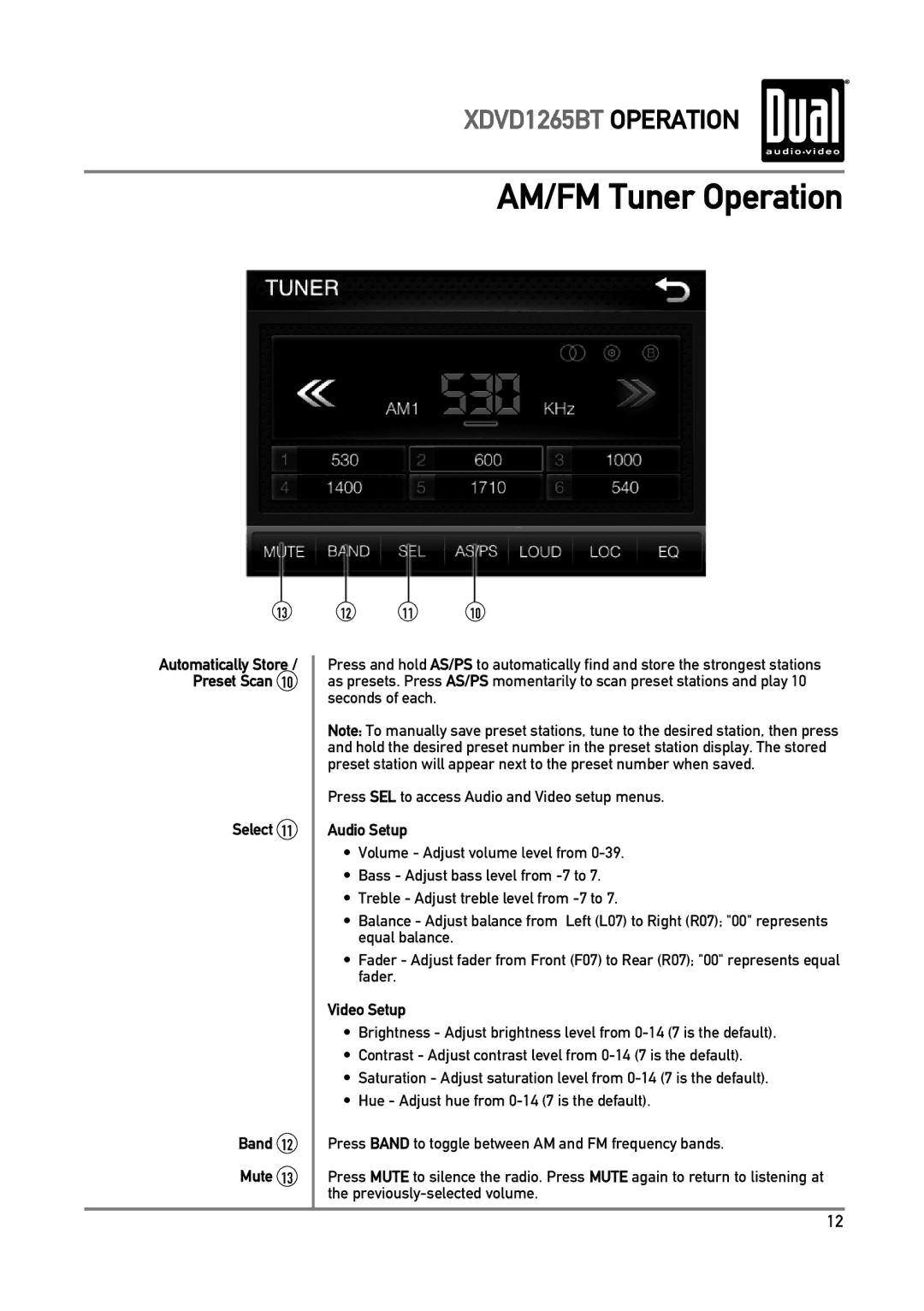 Dual xdvd1265bt owner manual Select Band Mute, Audio Setup, Video Setup 