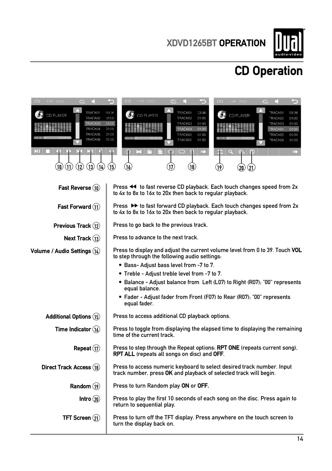Dual xdvd1265bt owner manual Repeat Direct Track Access Random Intro TFT Screen 