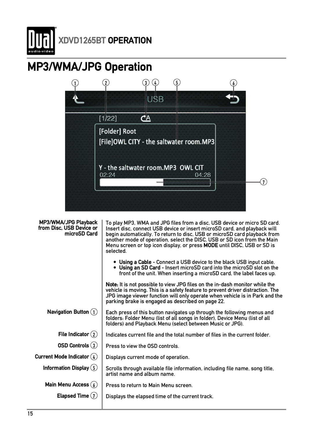 Dual xdvd1265bt owner manual MP3/WMA/JPG Operation 