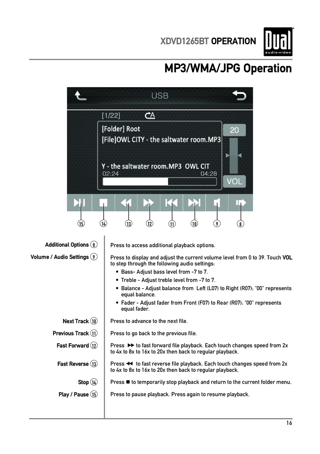 Dual xdvd1265bt owner manual Additional Options 8 Volume / Audio Settings 