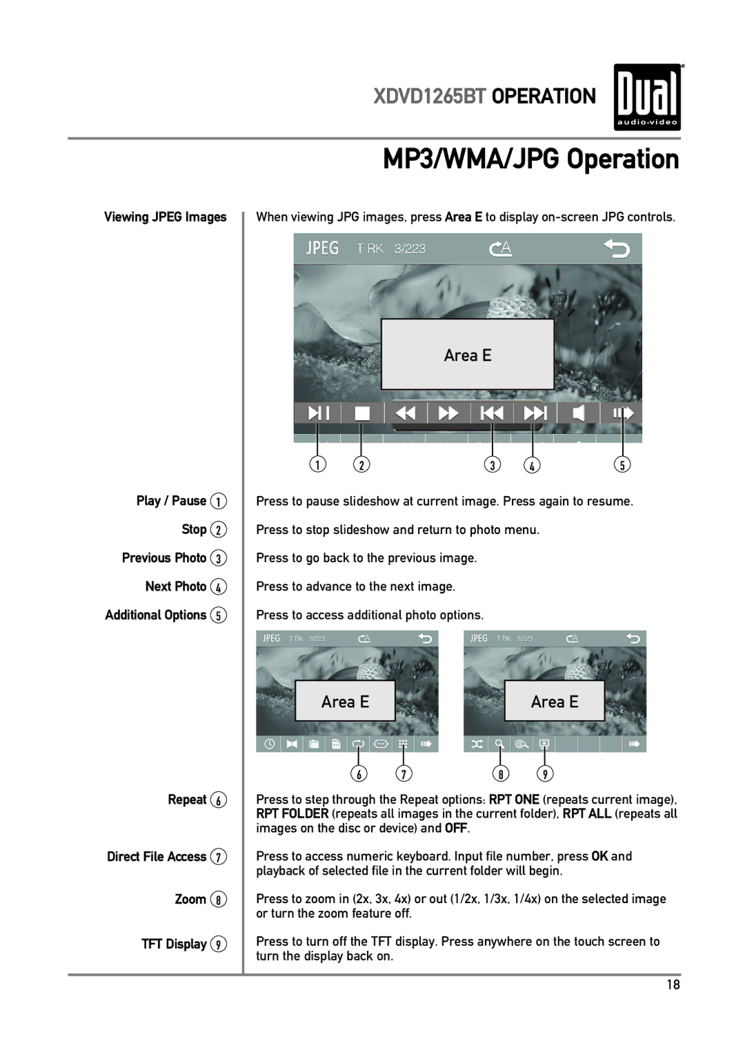 Dual xdvd1265bt owner manual Previous Photo, Next Photo, Direct File Access, Zoom, TFT Display 