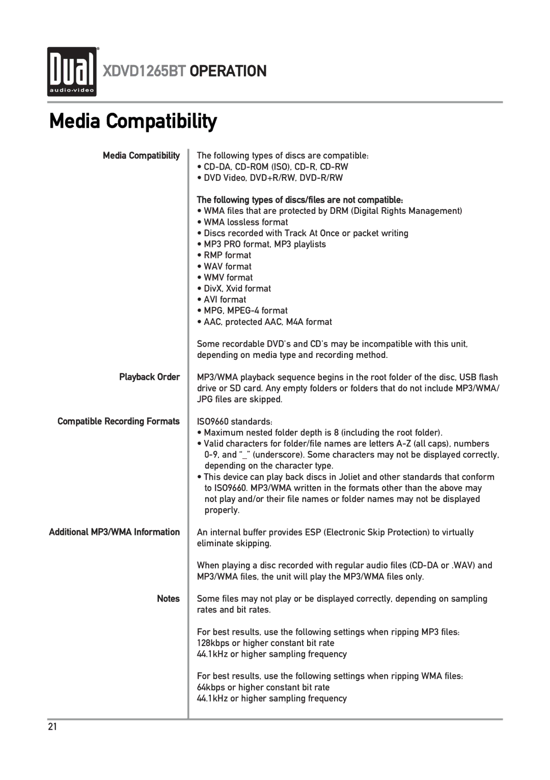 Dual xdvd1265bt owner manual Media Compatibility Playback Order, Following types of discs/files are not compatible 