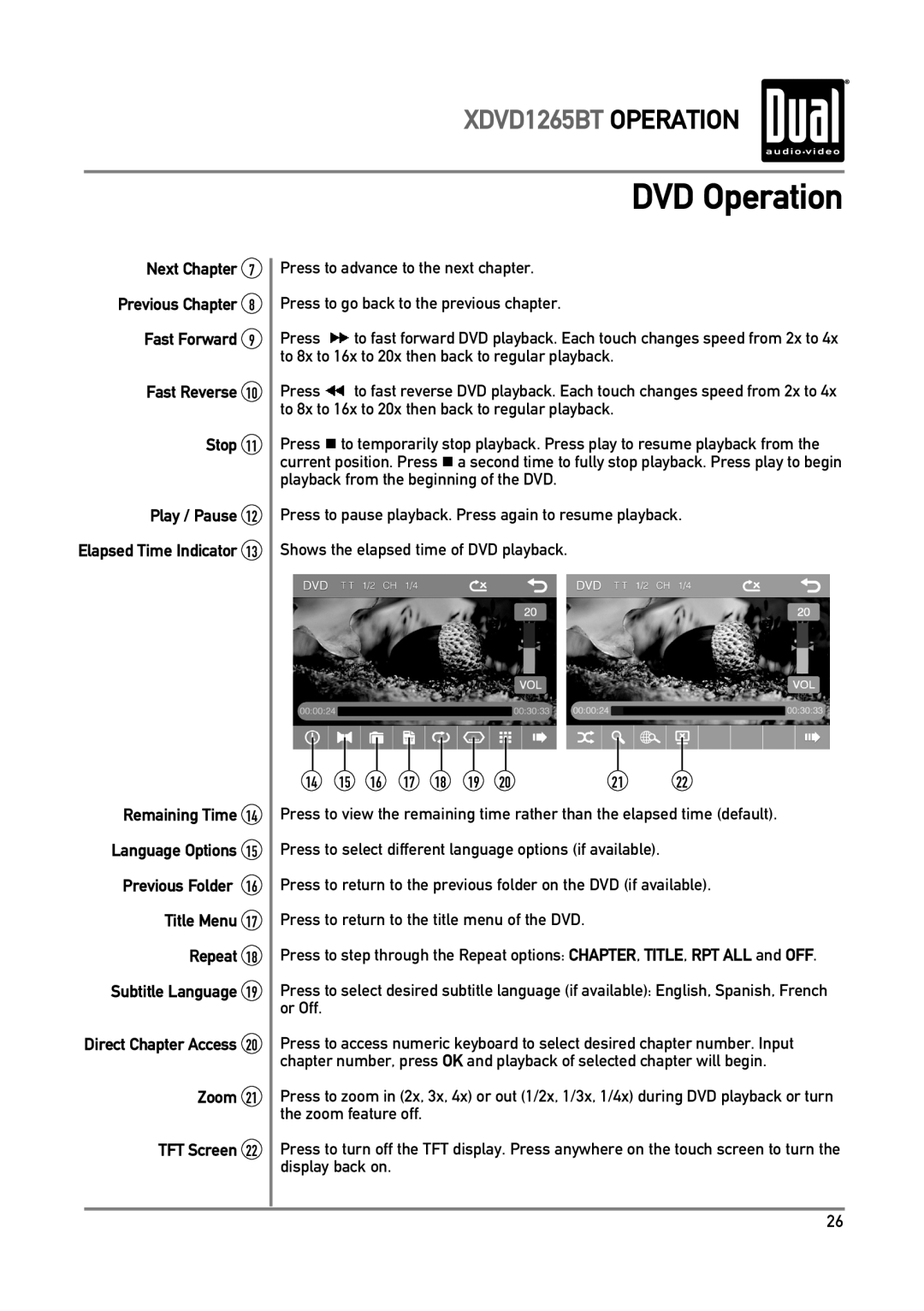 Dual xdvd1265bt owner manual Next Chapter Previous Chapter Fast Forward Fast Reverse Stop, Zoom TFT Screen 