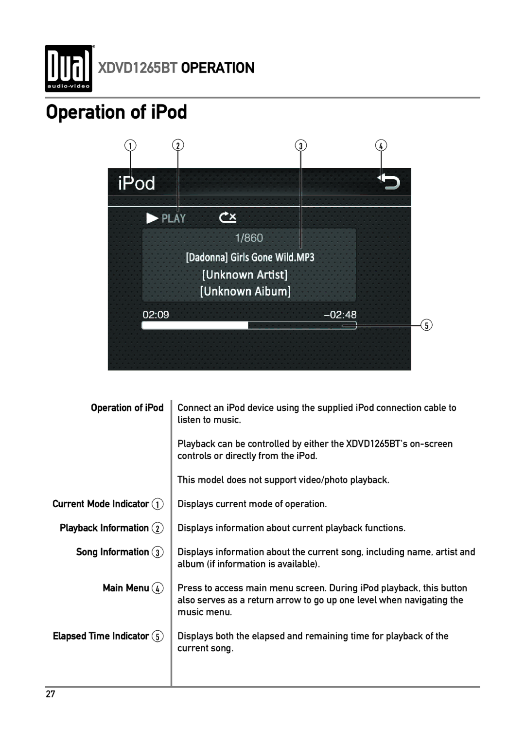 Dual xdvd1265bt owner manual Operation of iPod, Playback Information Song Information Main Menu 