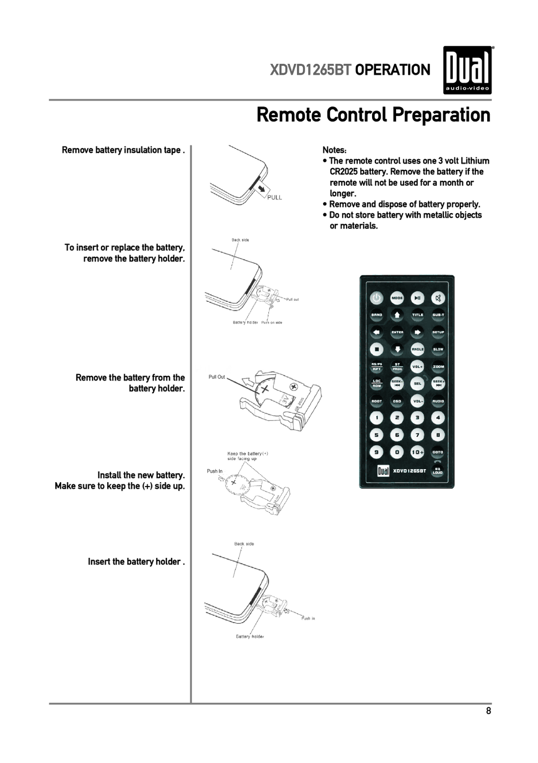 Dual xdvd1265bt owner manual Remote Control Preparation, Remove battery insulation tape, Insert the battery holder 