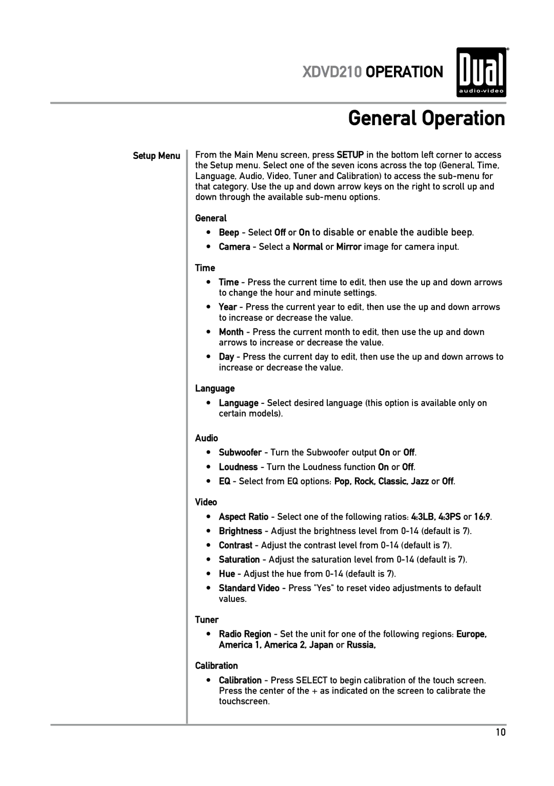 Dual XDVD210 owner manual Setup Menu, General, Time, Language, Audio 