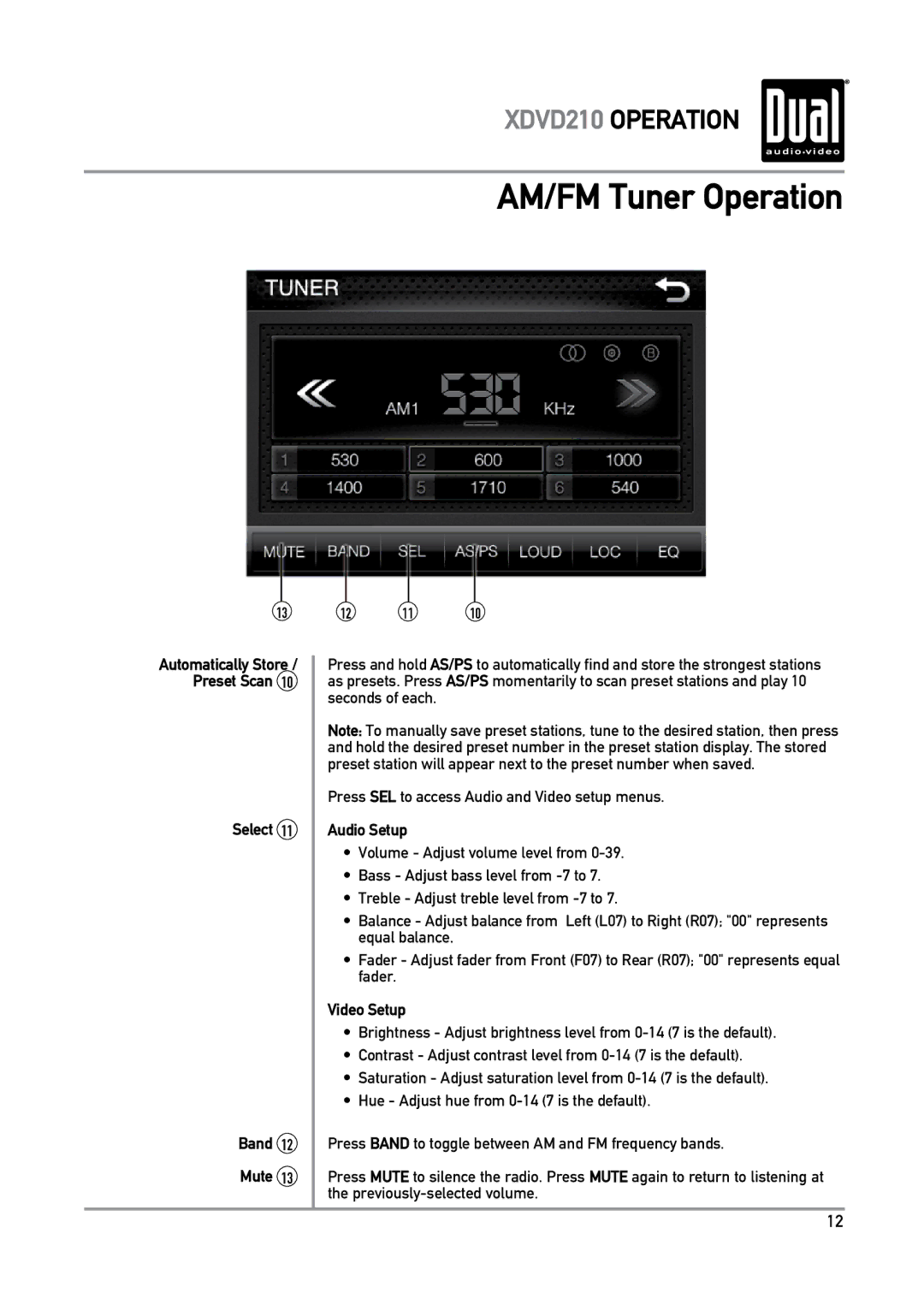 Dual XDVD210 owner manual Select Band Mute, Audio Setup, Video Setup 