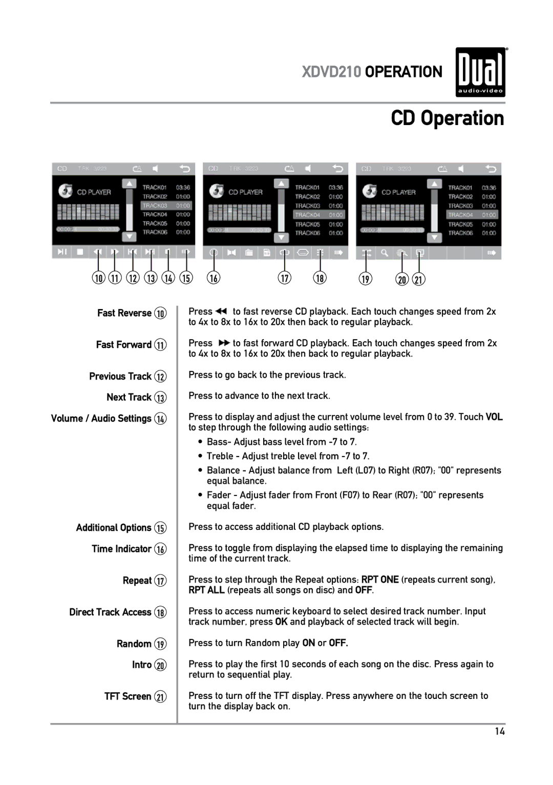 Dual XDVD210 owner manual Repeat Direct Track Access Random Intro TFT Screen 