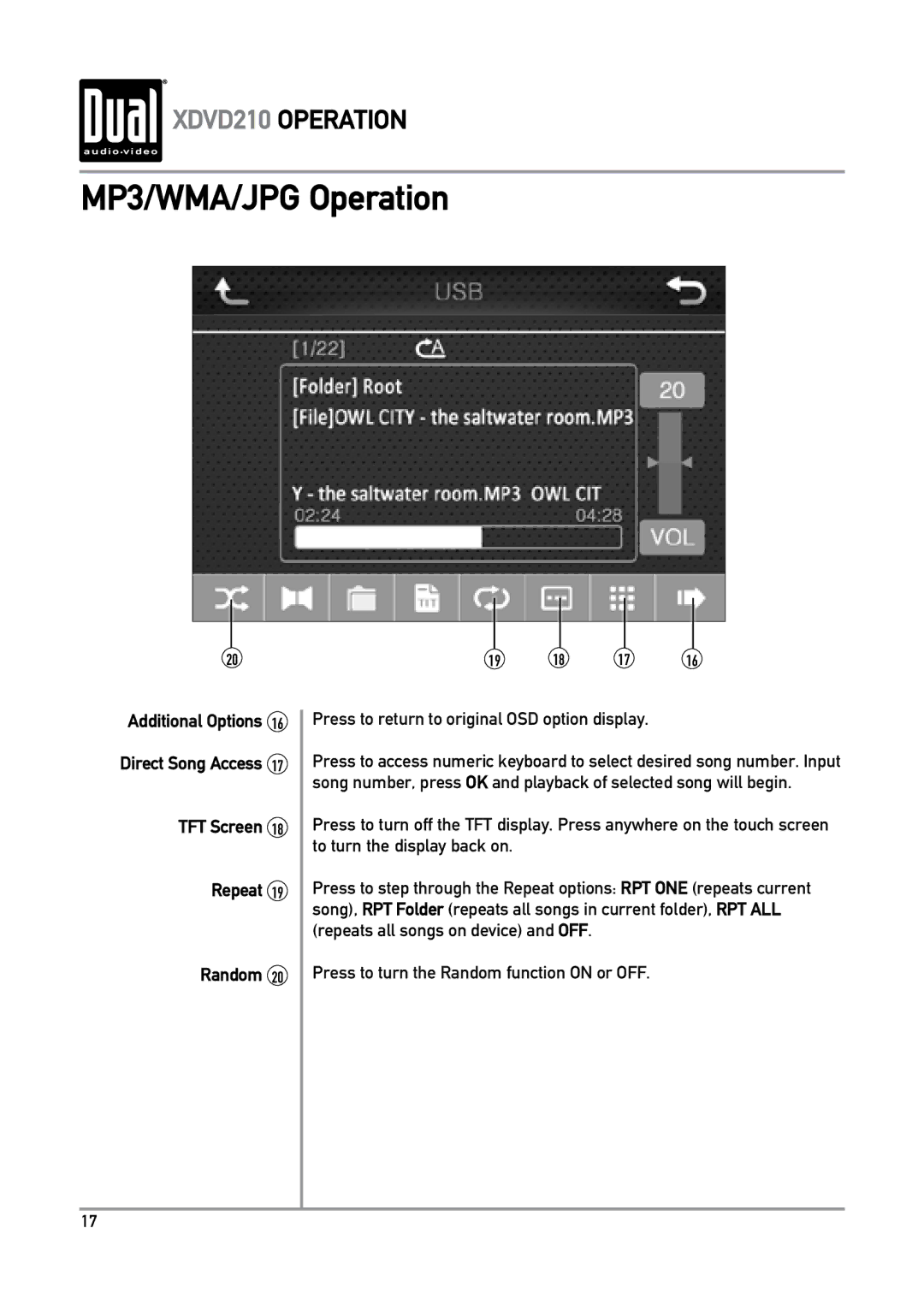 Dual XDVD210 owner manual TFT Screen Repeat Random 