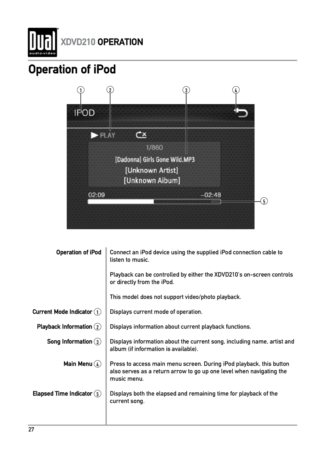 Dual XDVD210 owner manual Operation of iPod, Playback Information Song Information Main Menu 