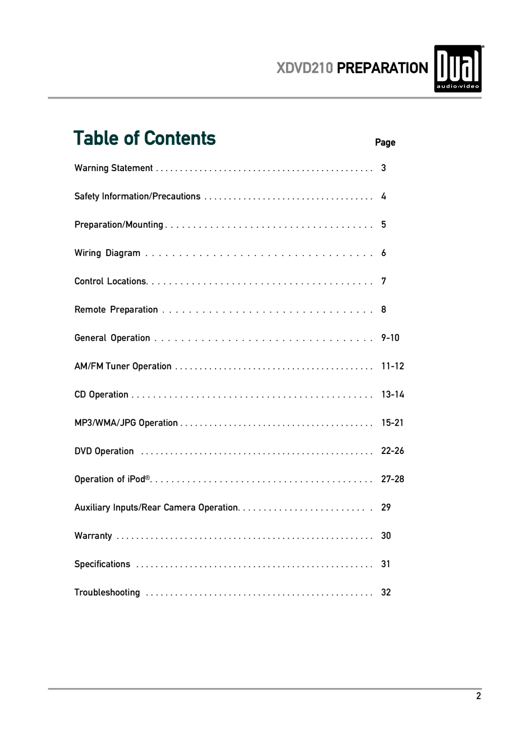 Dual XDVD210 owner manual Table of Contents 