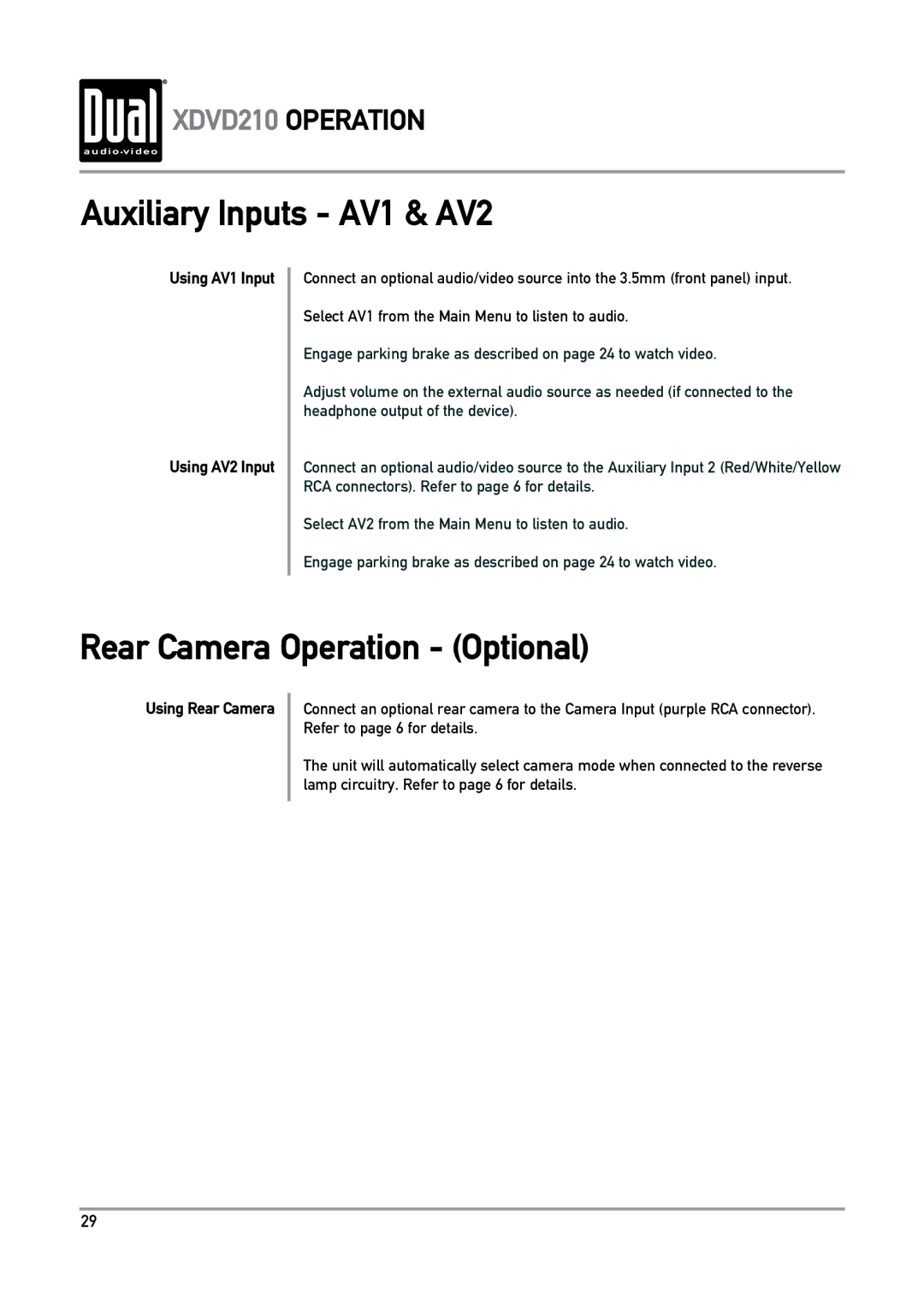 Dual XDVD210 owner manual Auxiliary Inputs AV1 & AV2, Rear Camera Operation Optional, Using AV1 Input Using AV2 Input 