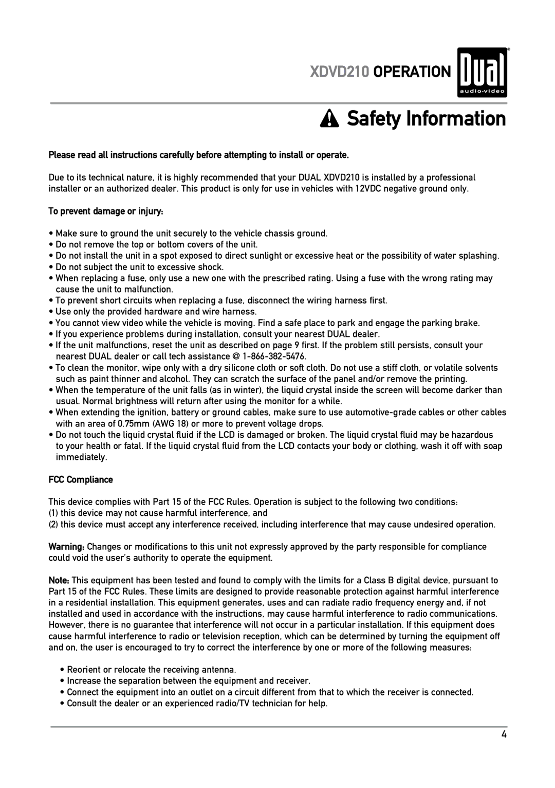 Dual XDVD210 owner manual Safety Information, To prevent damage or injury, FCC Compliance 