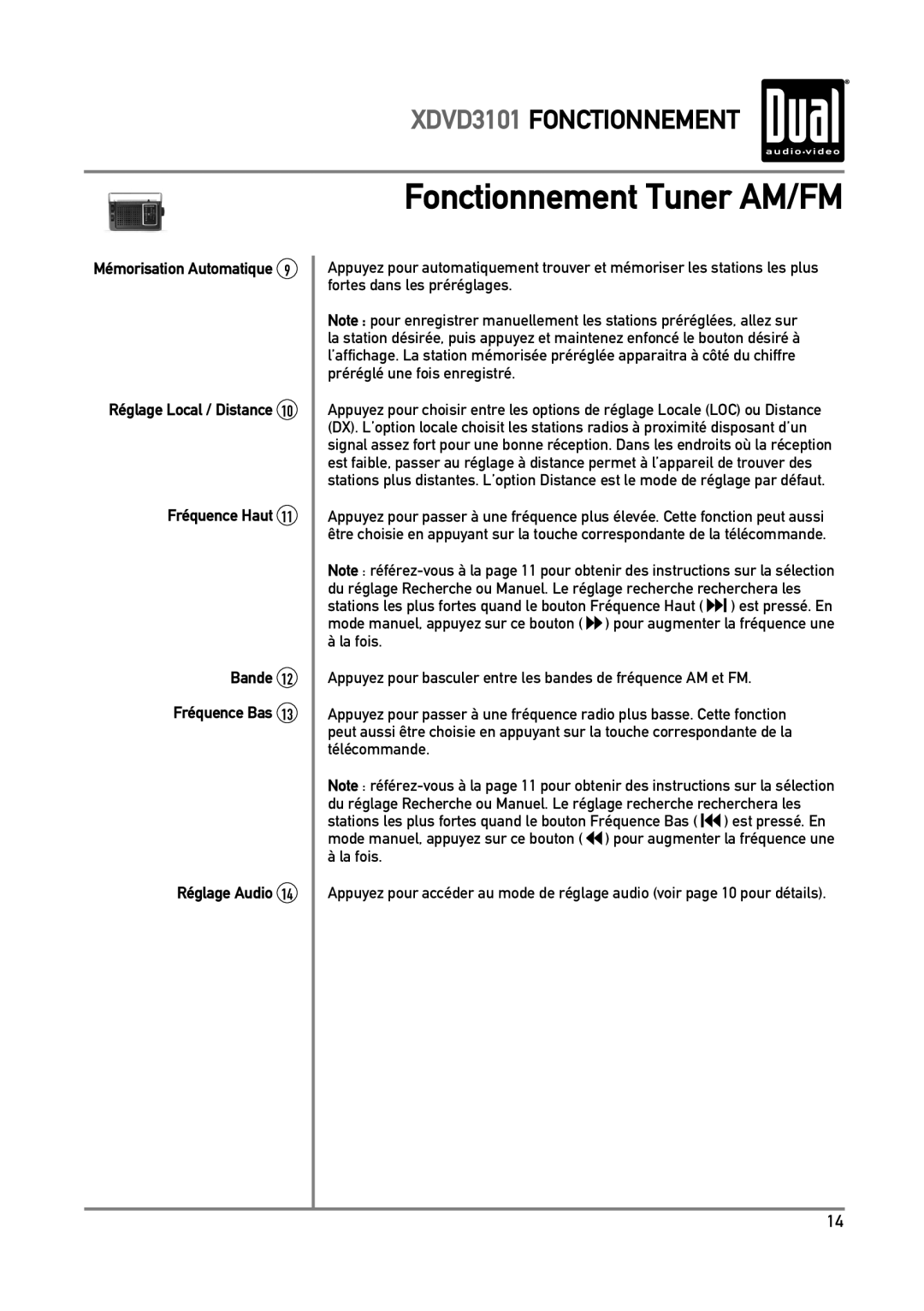 Dual XDVD3101 manual Mémorisation Automatique, Fréquence Haut Bande Fréquence Bas Réglage Audio 