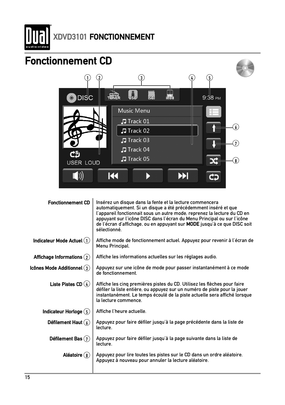 Dual XDVD3101 manual Fonctionnement CD Indicateur Mode Actuel, Liste Pistes CD, Défilement Bas Aléatoire 